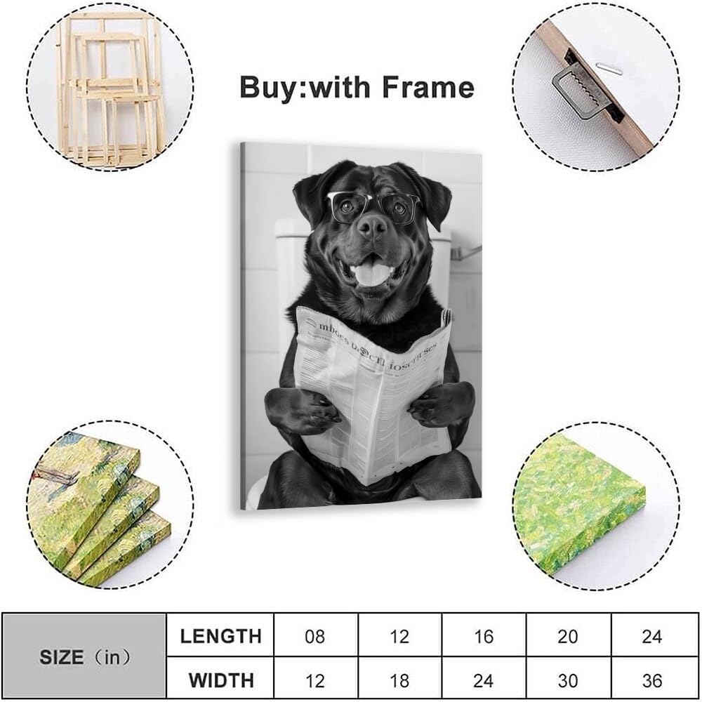 Bathroom Wall Decor Dog Reading Newspaper Black and White Print Pet Art Funny Dog Poster Canvas Wall Prints Poster Modern Home Aesthetic Decor Wall Art for Bedroom Dorm Framed20x30inch