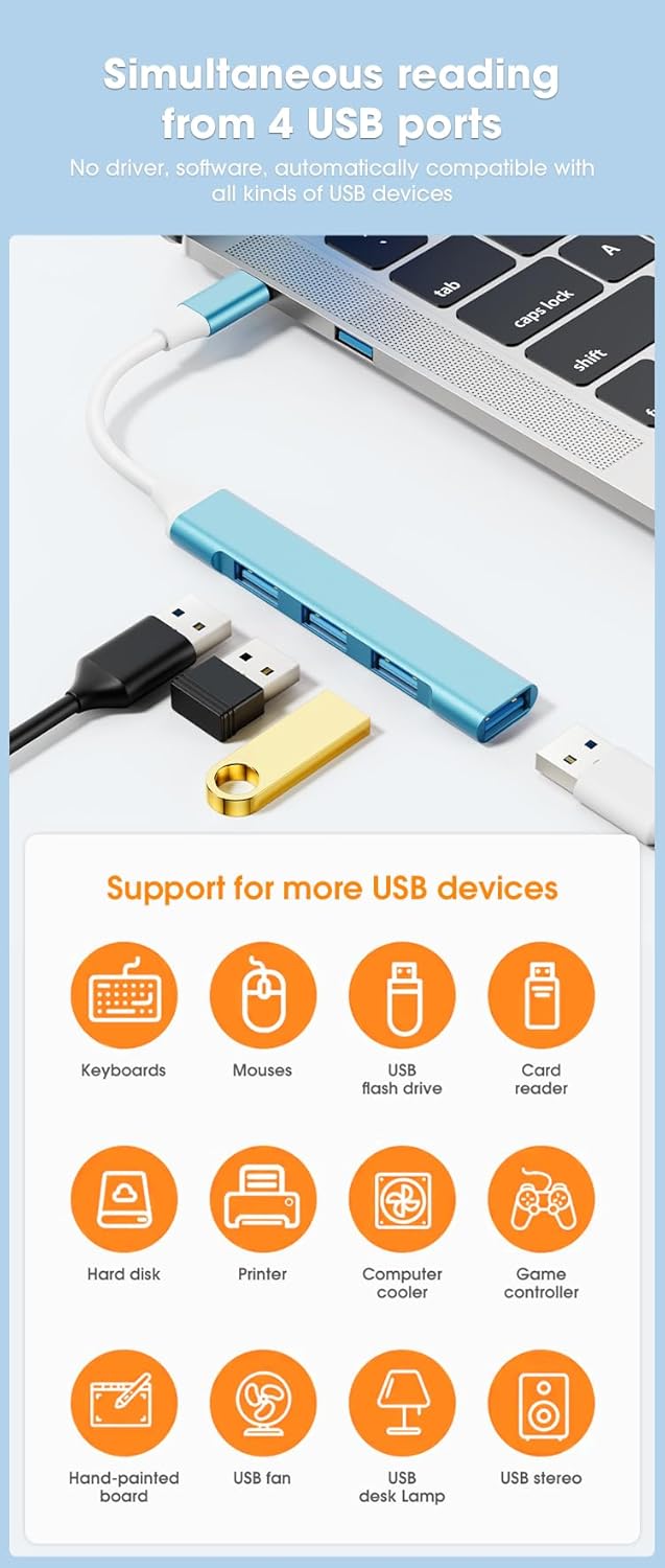 Mac USB C Adapter - Type C USB Adapter Hub with 4 Ports: 1 USB 3.0 + 3 USB 2.0, Ultra-Slim Aluminum Design, 5Gbps Transfer, Adapter for Mac USB C, Type C USB Hub (Light Blue)