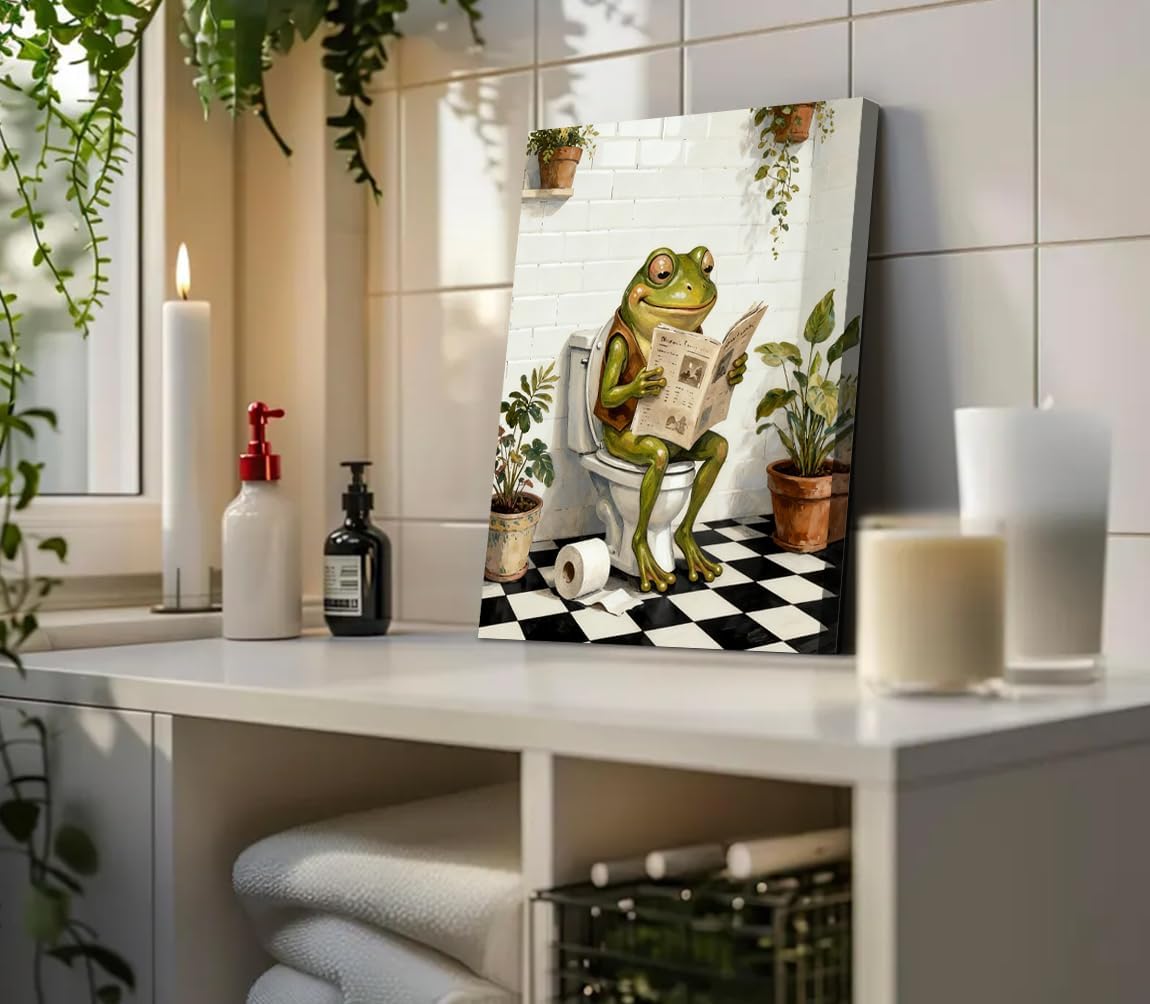 Funny Frog Bathroom Wall Art Prints,Bathroom Decor Wall Art Frog on Toilet Reading Newspaper Canvas Painting,Framed Animal Art Pictures For Bathroom Washroom Restroom Decor(12"X16")