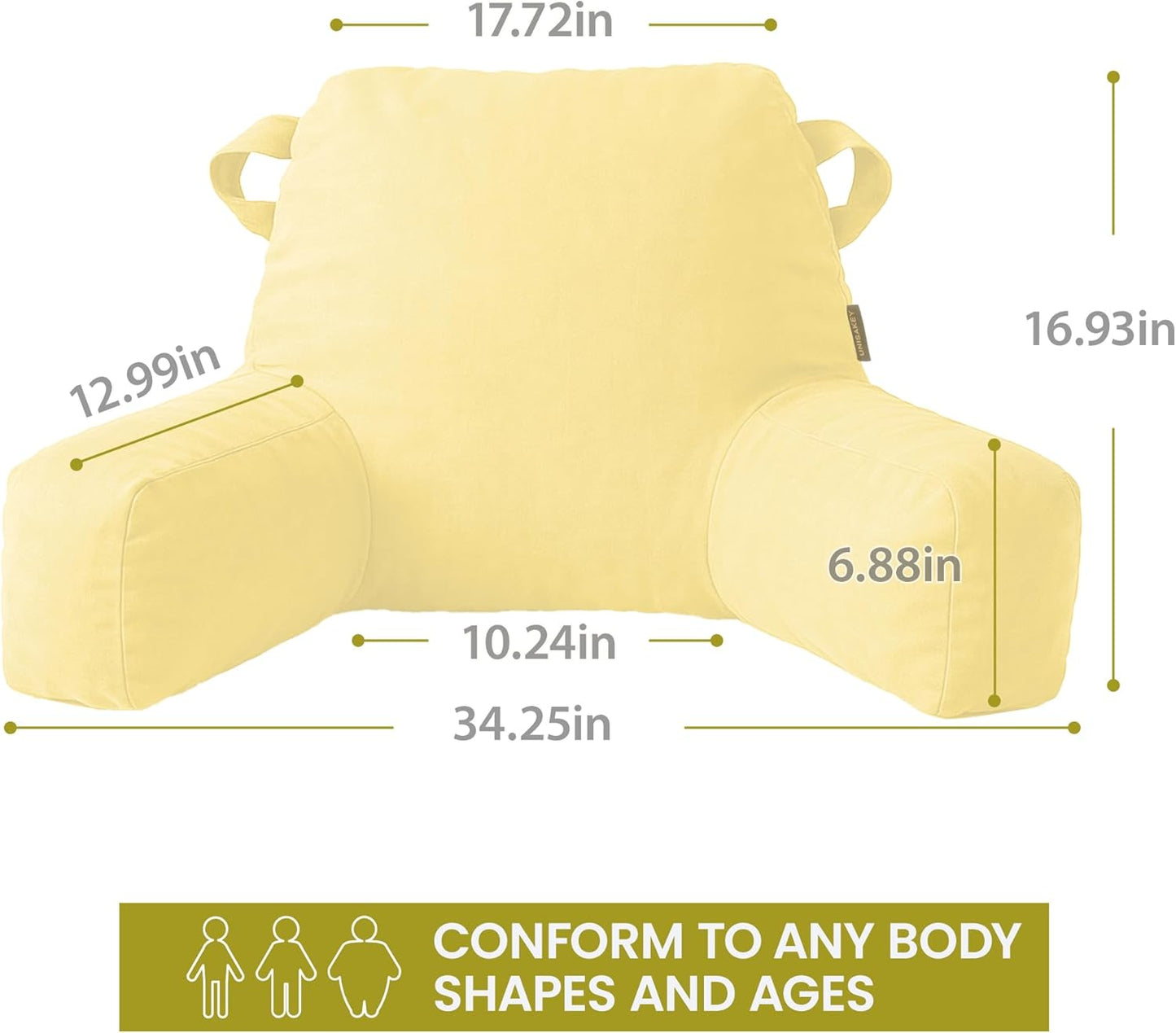 Portable Comfy Reading Pillows for Bed Sitting Up(Yellow Oeko-Tex), Velvet Back Pillow with Arms & Pockets for Adults, Support Memory Foam Bed Pillow for Dorm/Reading/Watching/Gaming