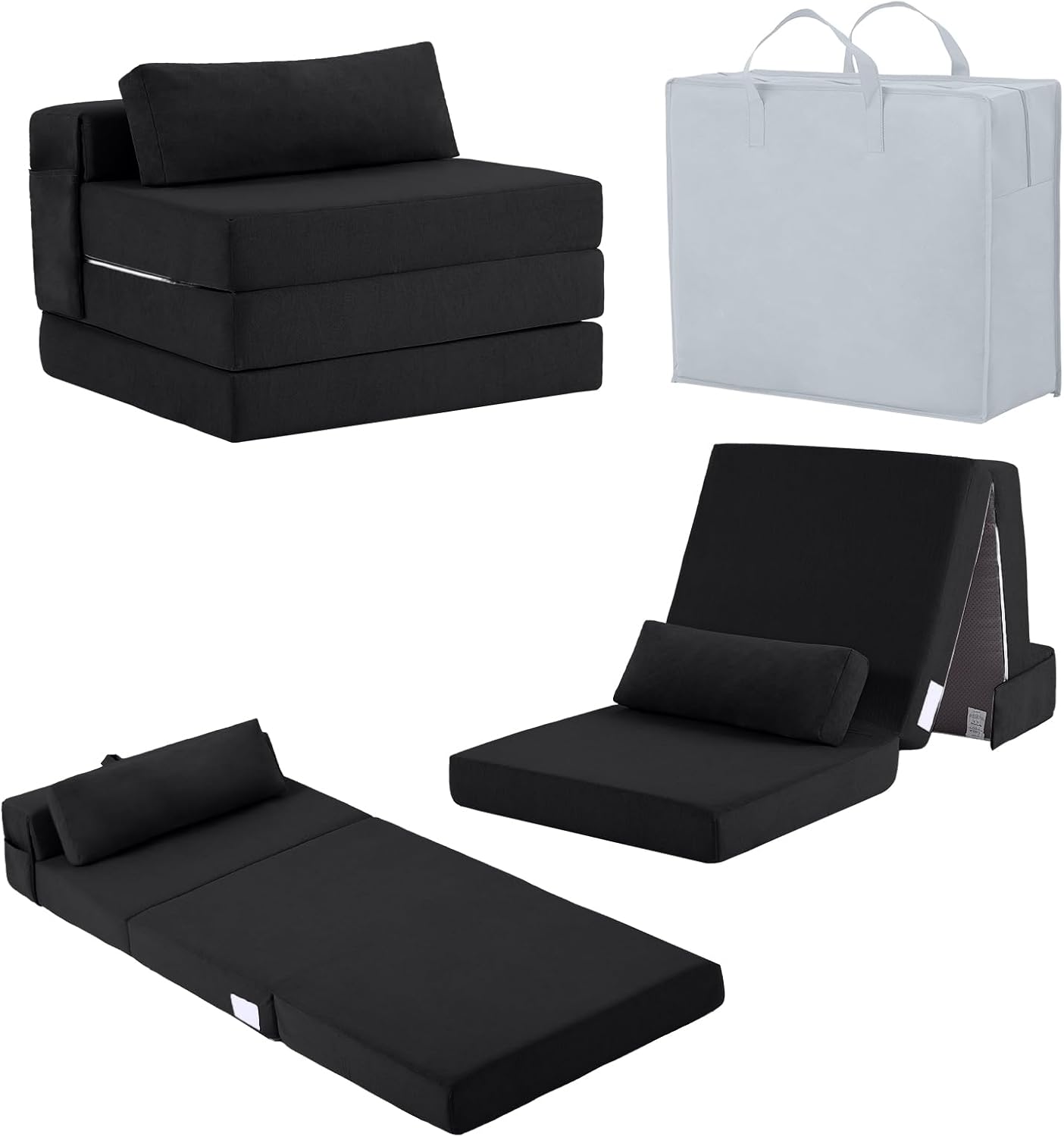 Tiita Folding Sofa Bed-Convertible Sleeper Chair with Storage Bag, Tri Foldable Mattress with Pillow, Portable Fold Out Chair Bed Floor Sofa for Living Room/Dorm/Guest Use/Travel, Single Size, Black