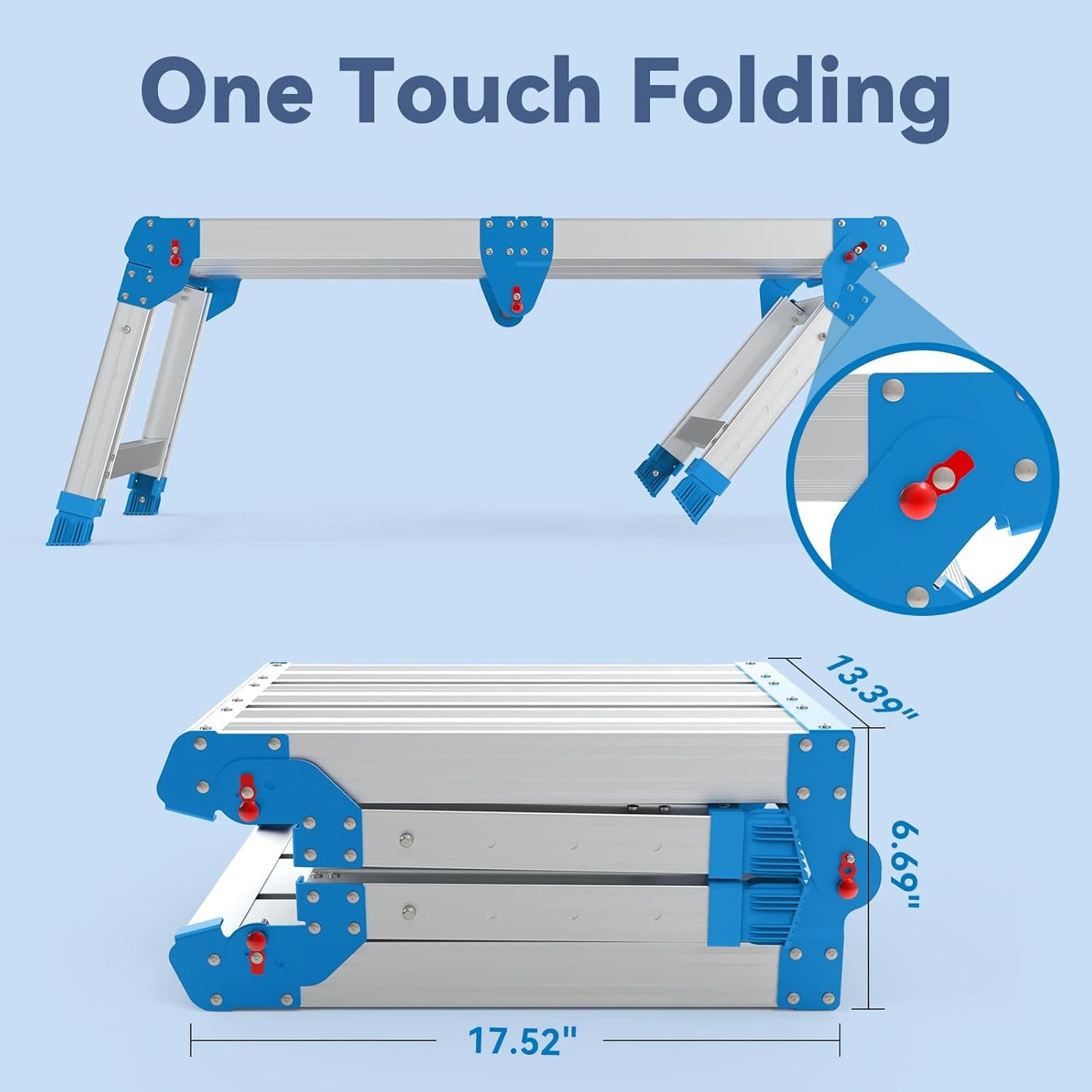 Work Platform 500 Lbs, Folding Step Stool with One-Touch Automatic Fold, 4 Height Adjustment Step Platform, Perfect for RV Cleaning, Home Painting and Reaching High Places, Larger, Blue