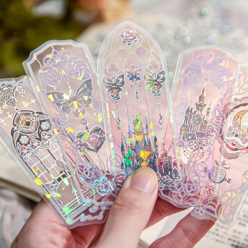 40Pcs Holographic Bookmark, Transparent Waterproof Flashing Castle Butterfly Flower Bookmarks, Rose Floral Window Bookmark Book Markers for Book Lover Kids Teacher Student Birthday Gift (Holo)