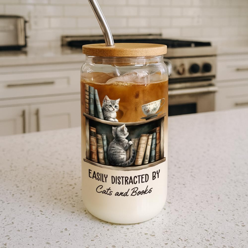 Cute Book Cat Bookish Gifts for Women,Friend,Sister,Reader,Librarian, Book Club GIfts,Best Cats Lover Gift for Cat Lady Mom, Books Mug Gift for Birthday,Christmas,Easily Distracted by Cats Books-126