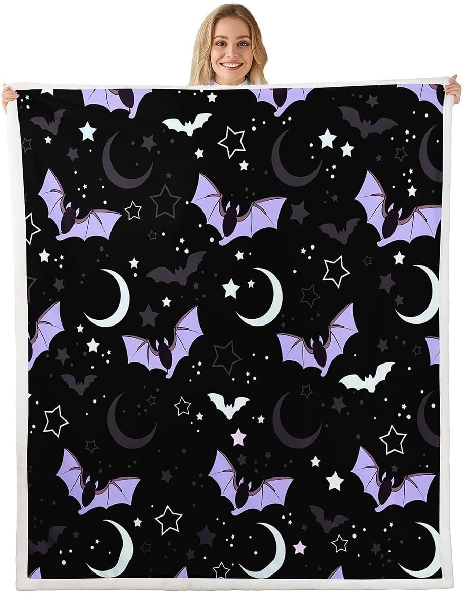 Purple Moon Galaxy Fleece Blanket - 50"x60", Cartoon Bat & Gothic Halloween Throw with Glitter Stars