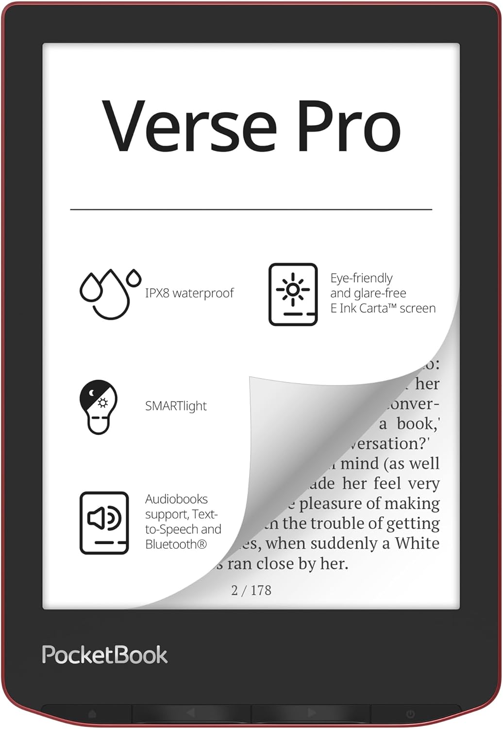 PocketBook Verse Pro E-Reader Waterproof | Eye-Friendly 6'' E-Ink Carta™ HD Touchscreen | Audio-Book & E-Book Reader | Text-to-Speech Function | SMARTlight | 16GB | WiFi & Bluetooth | Red