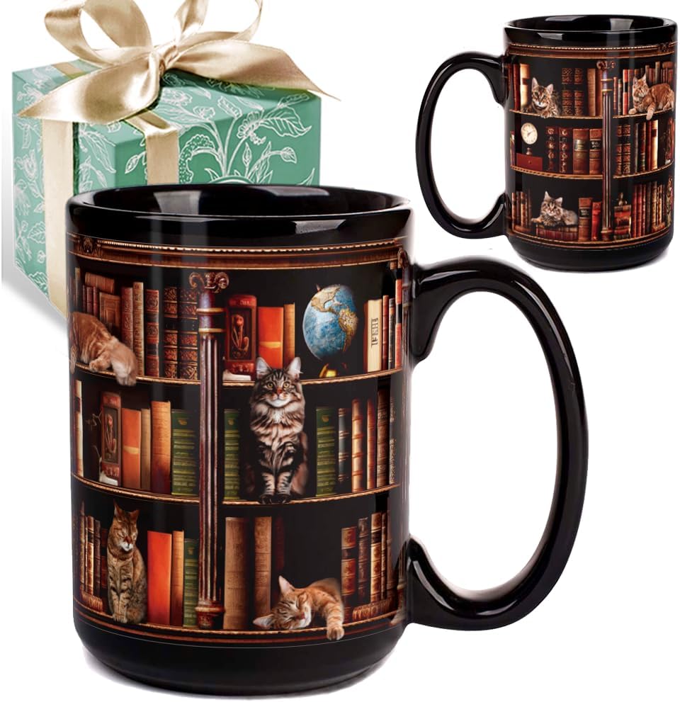 Cat Book Mug Gifts for Book Lovers, Book Lover Bookish Gifts for Readers Bookworm Women 15oz, Library Bookshelf Mug, Bookish Gifts for Librarian, Birthday Gift Idea for Cat Lovers