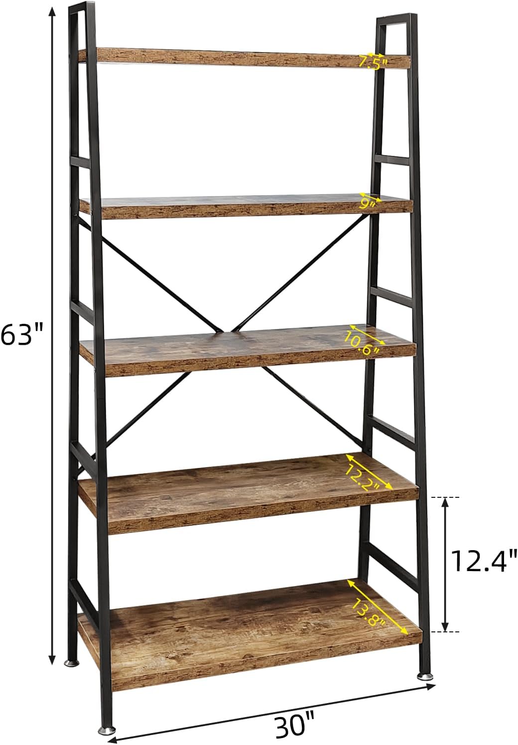 TooCust 5 Tier Ladder Bookshelf, Heavy Duty Rustic Brown Wood and Metal Bookcase with 1.2" Thick Shelves, 63" H x 30" W x 14" D, Industrial Open Storage Shelving for Living Room, Bedroom, Kitchen