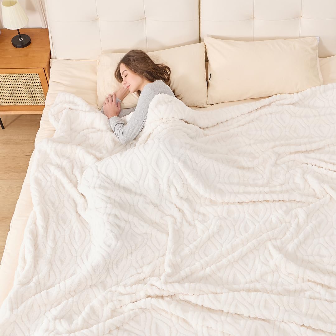 The Seacliff Blanket 50x60 Throw, Lighthouse Cream – Lightweight Soft Fleece Throw Blanket for Couch, Breathable All Season, Coastal Wave Texture