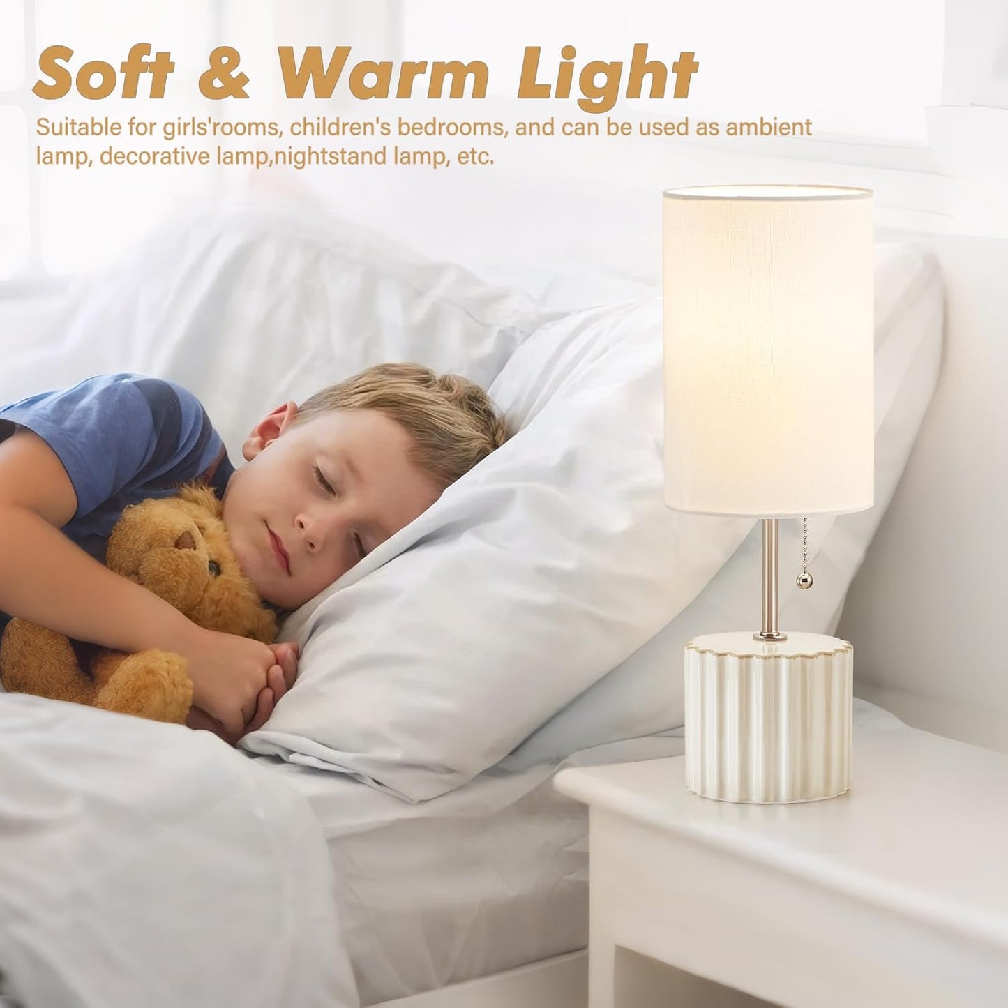 GyroVu Ceramic Small Table Lamp Set of 2, Adjustable Color Temperature Bedside Nightstand Lamps with Pull Chain for Bedroom Living Room Reading, 2 Bulbs