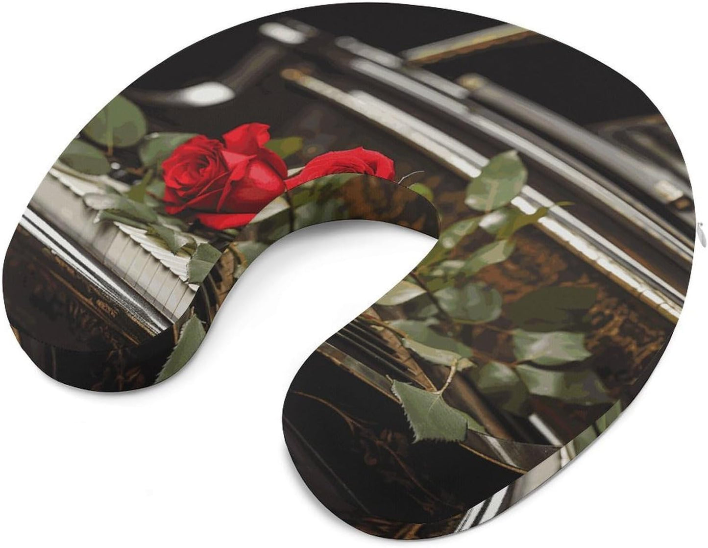Red Rose on Piano Neck Pillow Memory Foam U Shaped Pillows Portable Pillows for Shoulder Travel Head Support Pillow with Concealed Zipper for Airplane Car Home Office