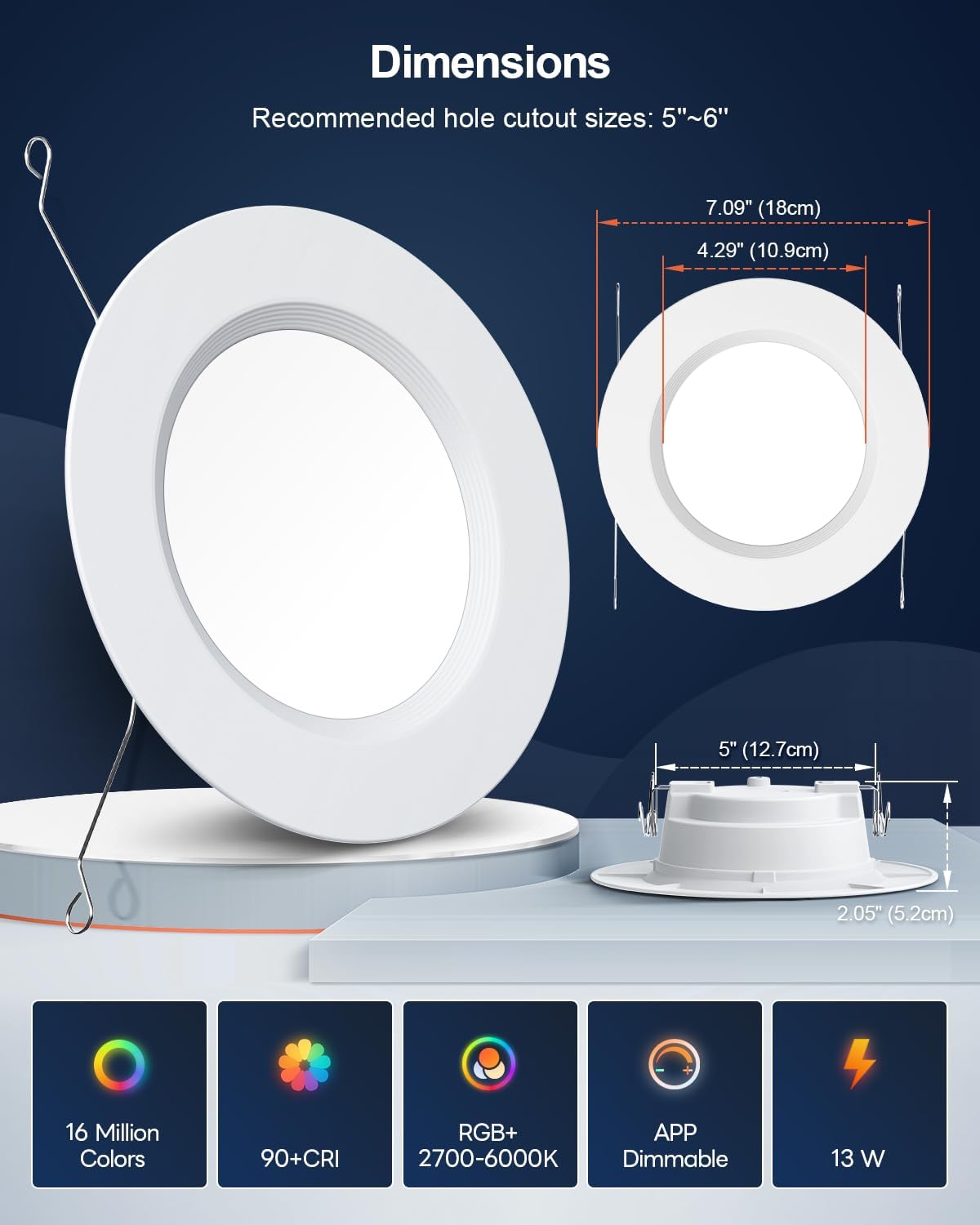 Smart Recessed Lighting 6 Inch, RGBCW Color Changing Smart Can Light Bluetooth Connect, Flicker Free, 13W 1300LM, Dimmable Retrofit Downlight Works with Alexa Voice & App Control, ETL, 6 Pack