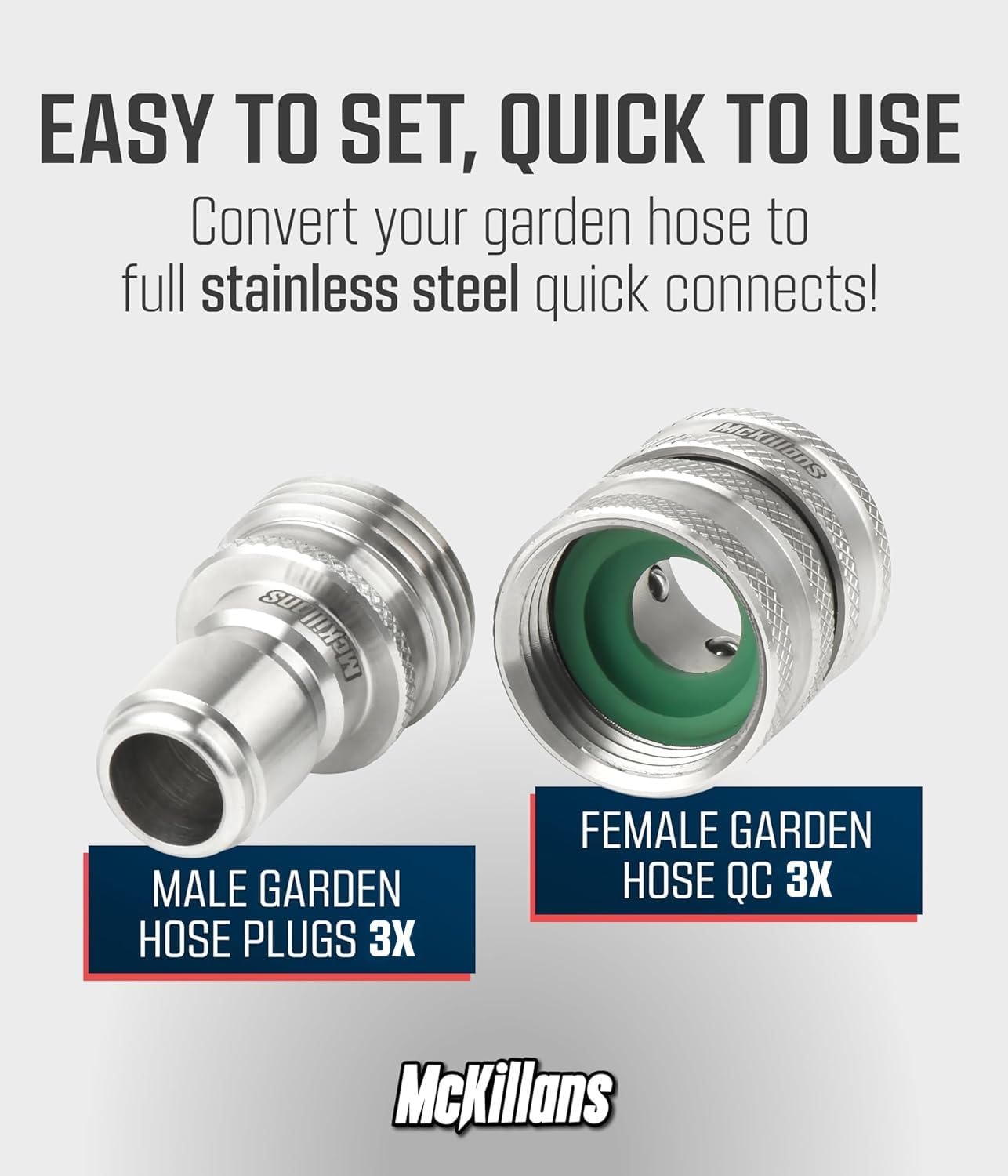 McKillans® Water Hose Quick Connect [UNIVERSAL FIT] 3 Pack - Stainless Steel Garden Hose Quick Connector - Durable Garden Hose Fittings - EASY INSTANT CONNECTION