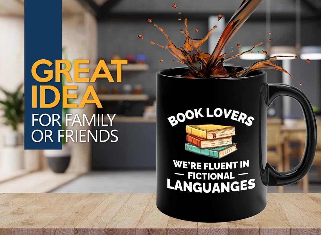 Book Lover Coffee Mug 11oz Black - fluent in fictional - Gift For Poets Bookish People Bibliophile Librarian Book Club Reader