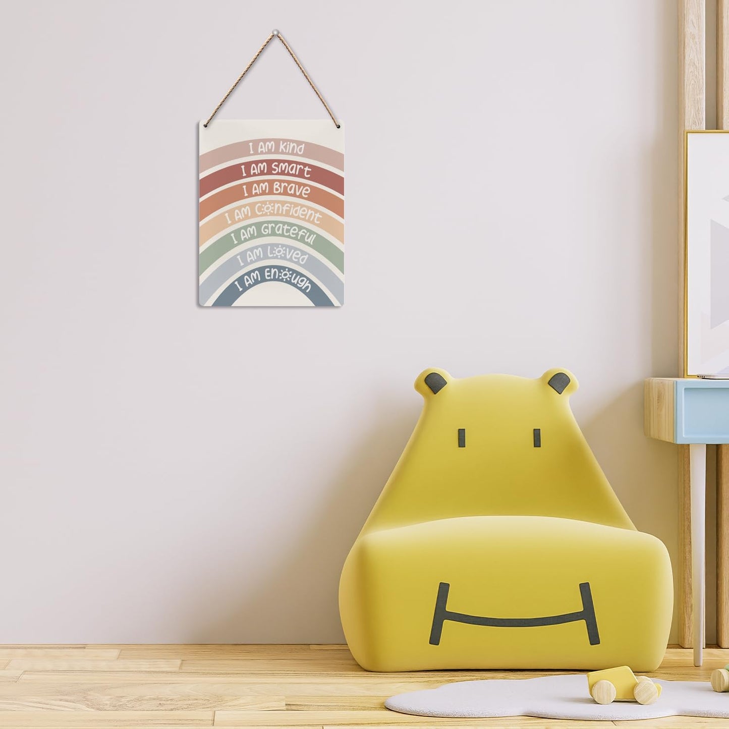 Inspirational Rainbow Nursery Wall Decor, I Am Brave Kind Wood Sign, Calming Reading Corner Wall Decor for Kids Classroom Baby Gril Teen Room 8x10 Inch