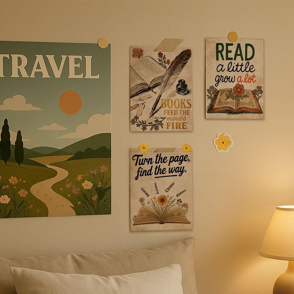 GOMAKERER 6 Pcs Vintage Book Wall Art Prints, Book Club Aesthetic Posters Reading Corner Decor for Bedroom Office Home Decorations, 8 x 10 Inch Unframed