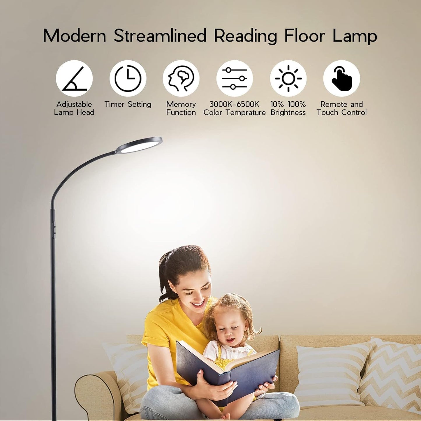Tenmiro Dimmable Floor Lamp,Super Bright Modern LED Lamps Custom Color Temperature Standing Lamp with Remote Push Button Control,Adjustable Gooseneck Reading Floor Lamp for Living Room Bedroom Office