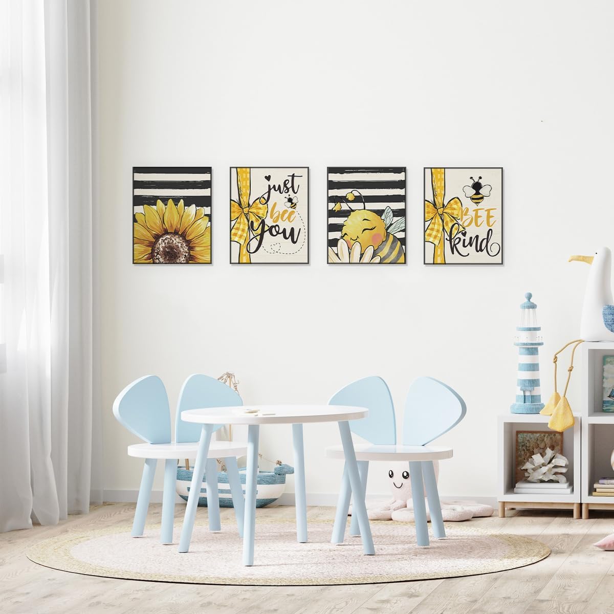 ETVISO Bee Decorations Summer Spring Yellow Wall Art Prints 8x10,Honey Bee Summer Decor For Home, Bee Kind Decor And Accessories Farmhouse Decorations Wall Art Prints,Living Room Set of 4 Unframed