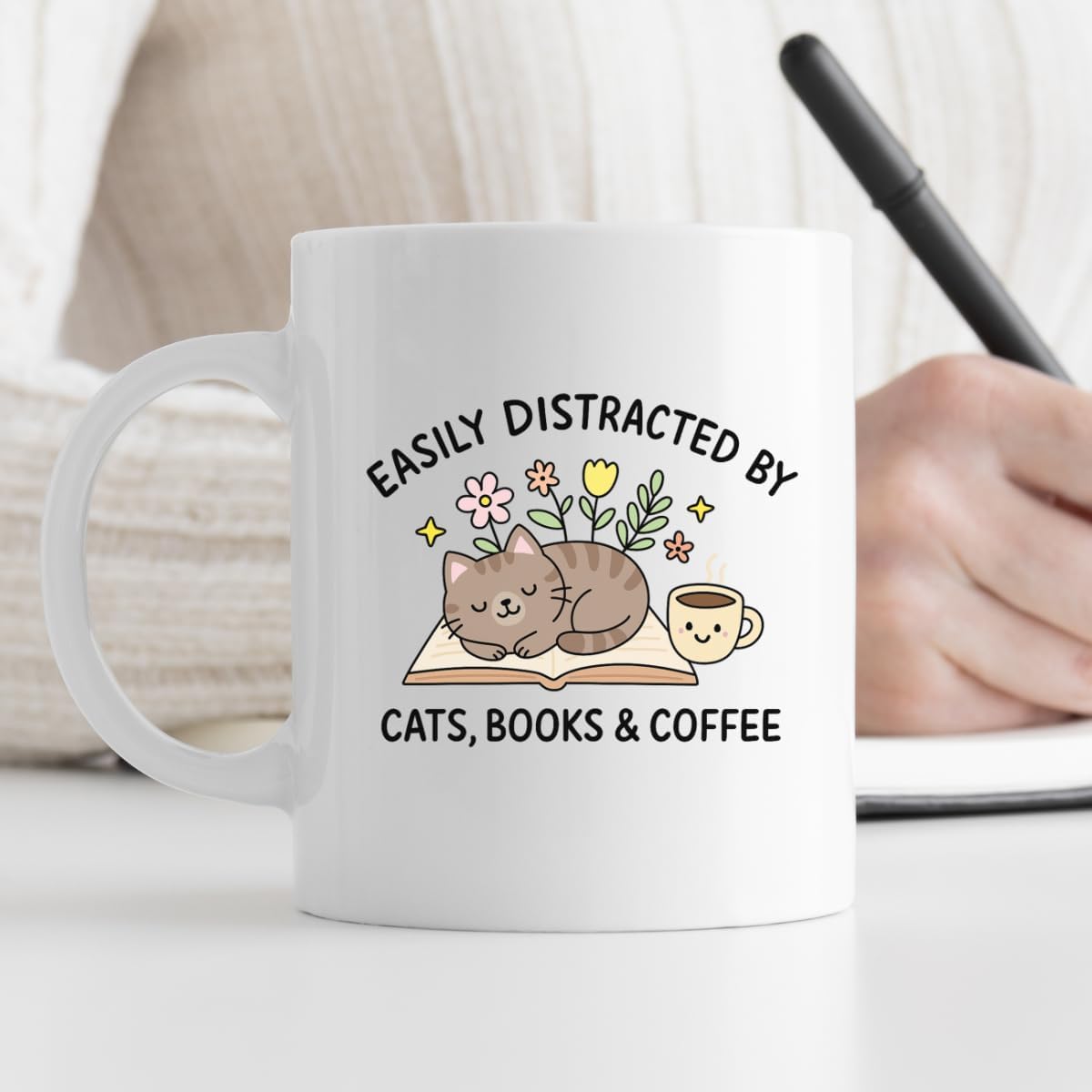 EZCLASSY-Cute Cat Books Coffee Mug – Funny Reading Lover Gift for Women, Cat Moms & Bookworms, Cozy 11oz Ceramic Cup for Home Office