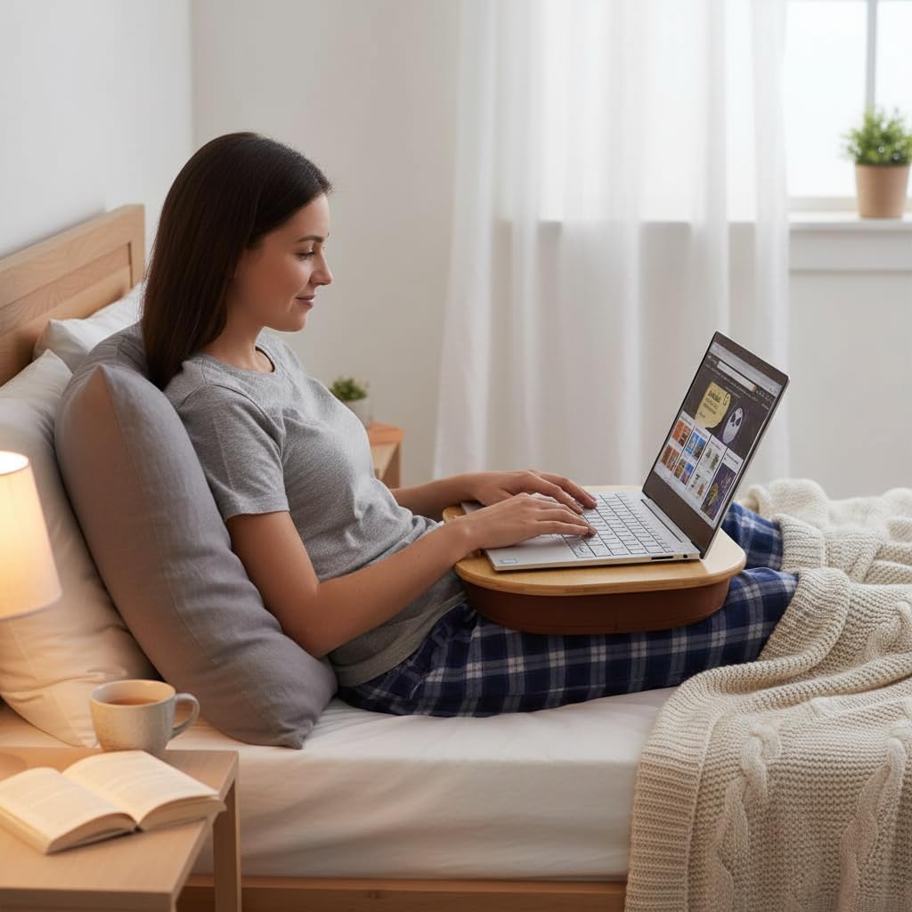 Lap Desk for Laptop with Cushion-Fits up to 15 inch, Bamboo Computer Laptop Stand with Phone Hoder, Anti-Slip Stopper