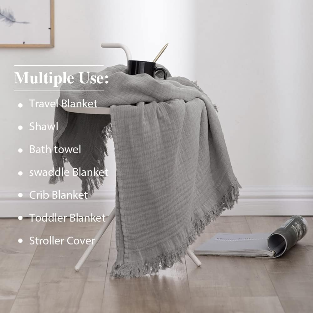 Simple&Opulence Cotton Muslin Throw Blanket for Bed, Couch, Knit Woven Gauze Blanket with Tassels, Soft Lightweight Cozy Pre-Washed Breathable Farmhouse Decoration for All-Season (Grey)