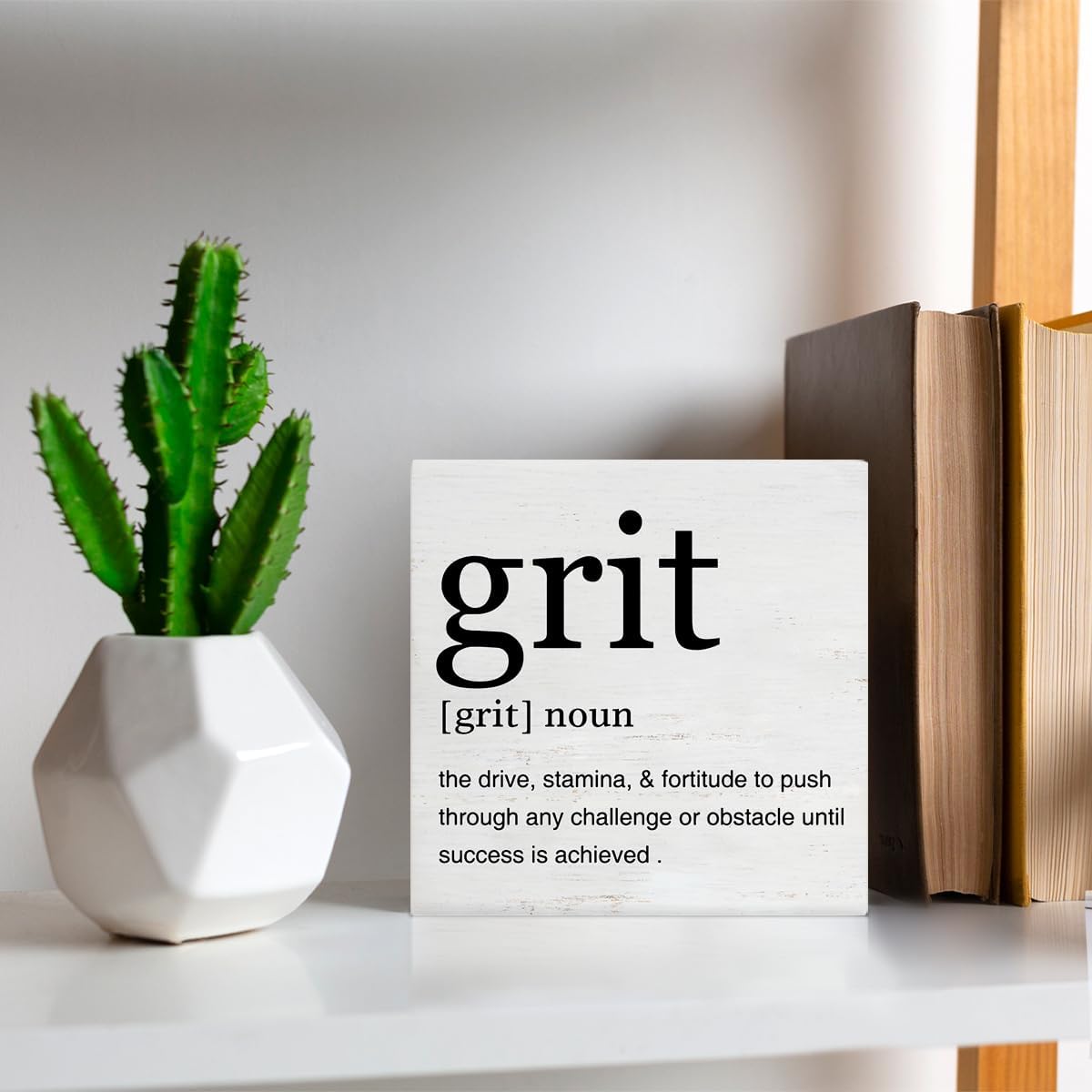 Inspirational Grit Definition Art Wooden Box Sign Grit Minimalist Desk Decorative Wooden Sign Home Office Decor for Table Shelf 5 x 5 Inches