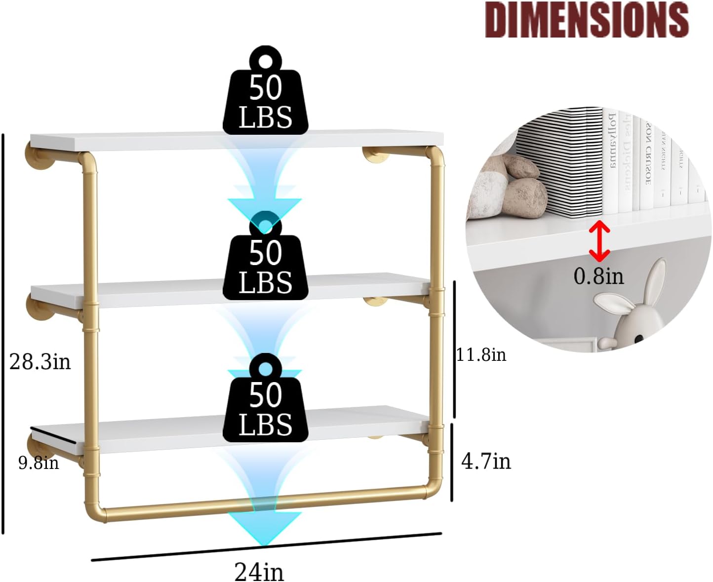 HOMEKAYT 24" Industrial Pipe Shelving, Floating Wall Shelves 3 Tier Gold Shelves with Haning Rod Multiple Use for Kitchen, Bedroom,Living Room,Bathroom