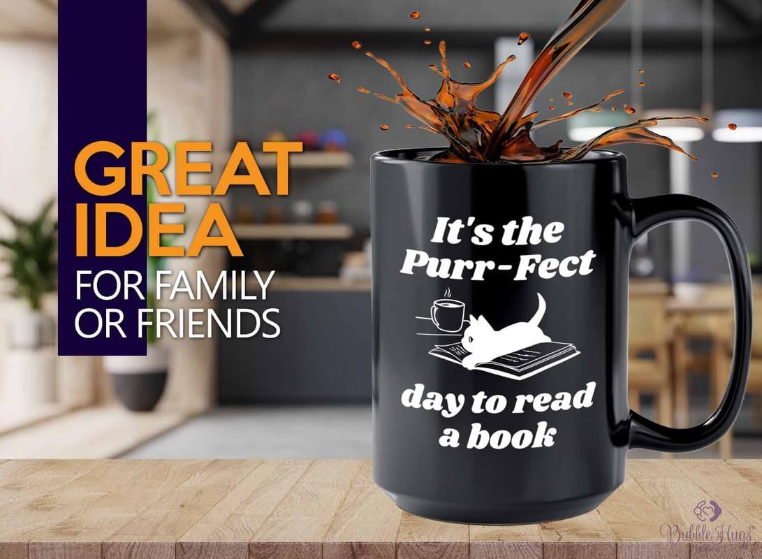 Reading Coffee Mug 15oz Black - Purr-fect Day Read a Book - Reader Gift Bookworm Owl Lover Cat Lover Book Lover Novelist Librarian Writer