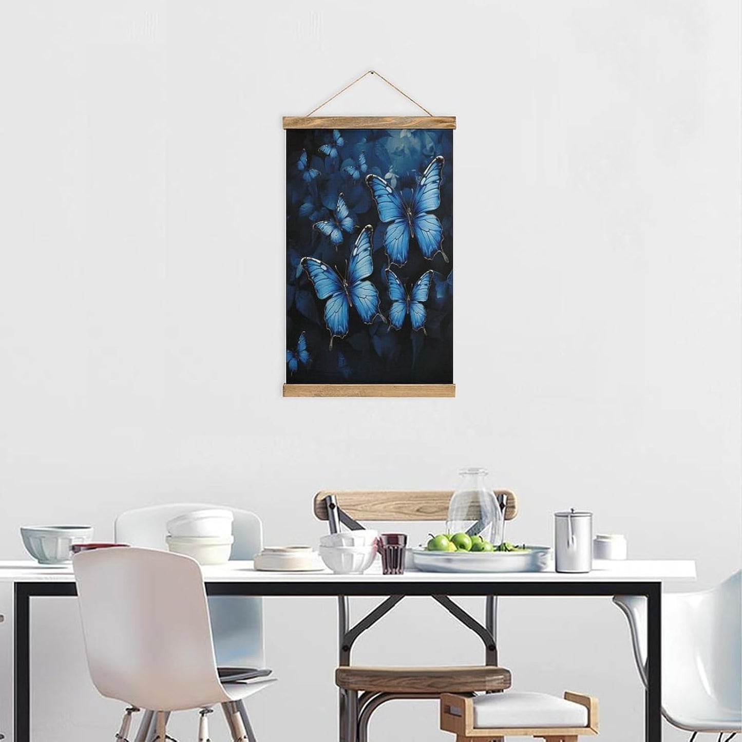 Vintage Dark Blue Butterflies Poster with Wooden Frame Personalized Linen Hanging Scroll Painting Rustic Wall Hanging Illustrative Modern Artwork Decor for Home Living Room Bedroom Office