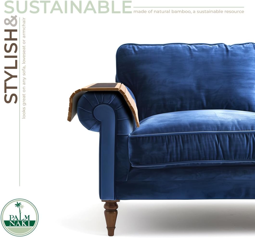 Bamboo Sofa Arm Tray: Sustainable Drink Holder & Organizer - Non-Slip Couch Armrest Protector with Coaster Functionality