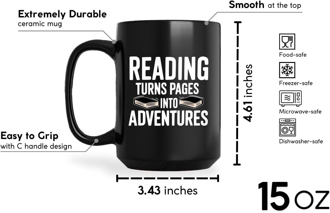 Reader Coffee Mug 15oz Black -Reading adventures - Gift for Reader Book Lover Funny Reading Readers Writers Women Bookish Club