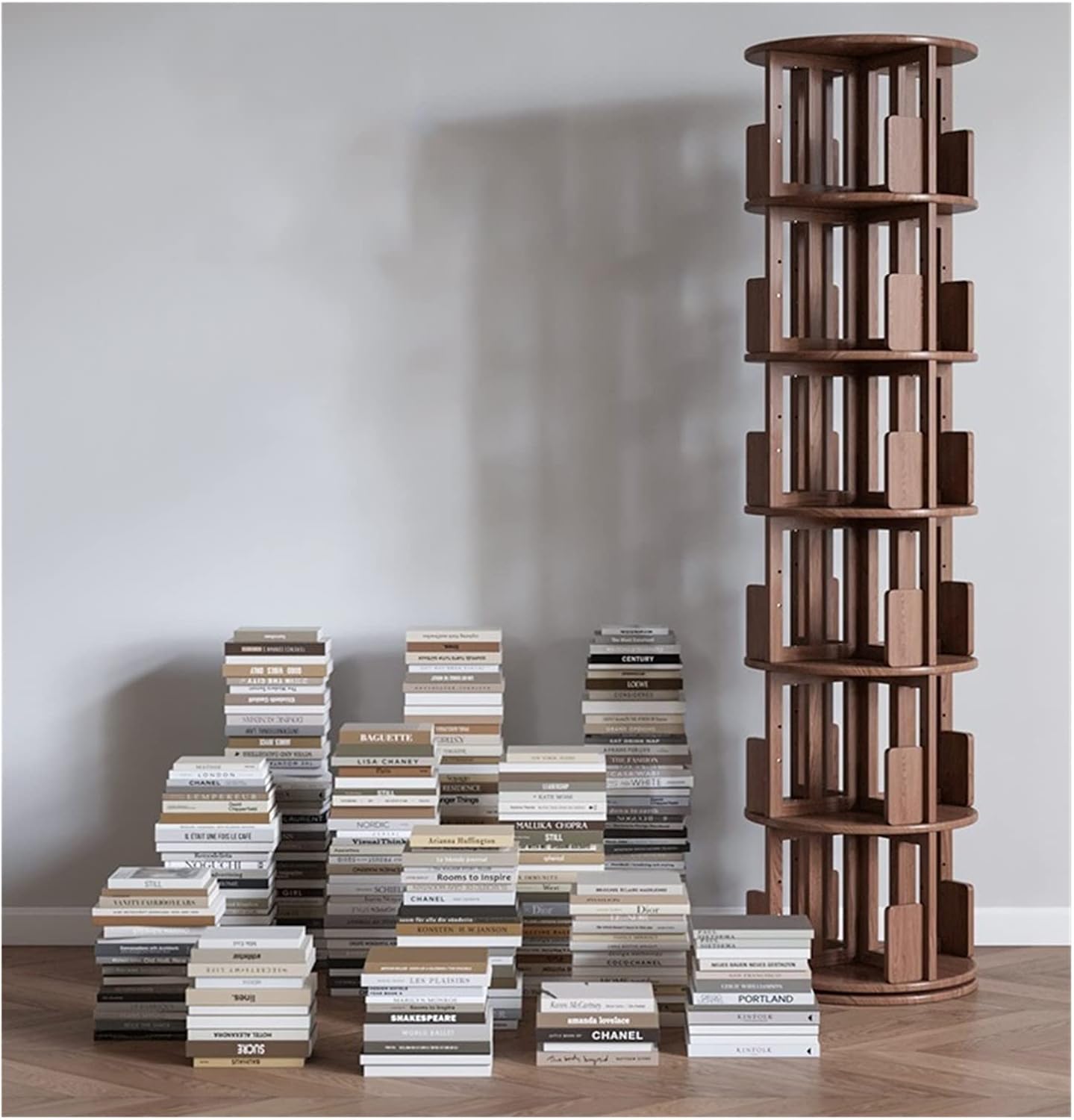 Round Solid Wood Rotating Bookshelf Corner Bookcase, Floor-to-Ceiling Storage Rack for Living Room Picture Book Rack MINGPING (Size : 45.5x45.5x161.5cm Log Color) ()