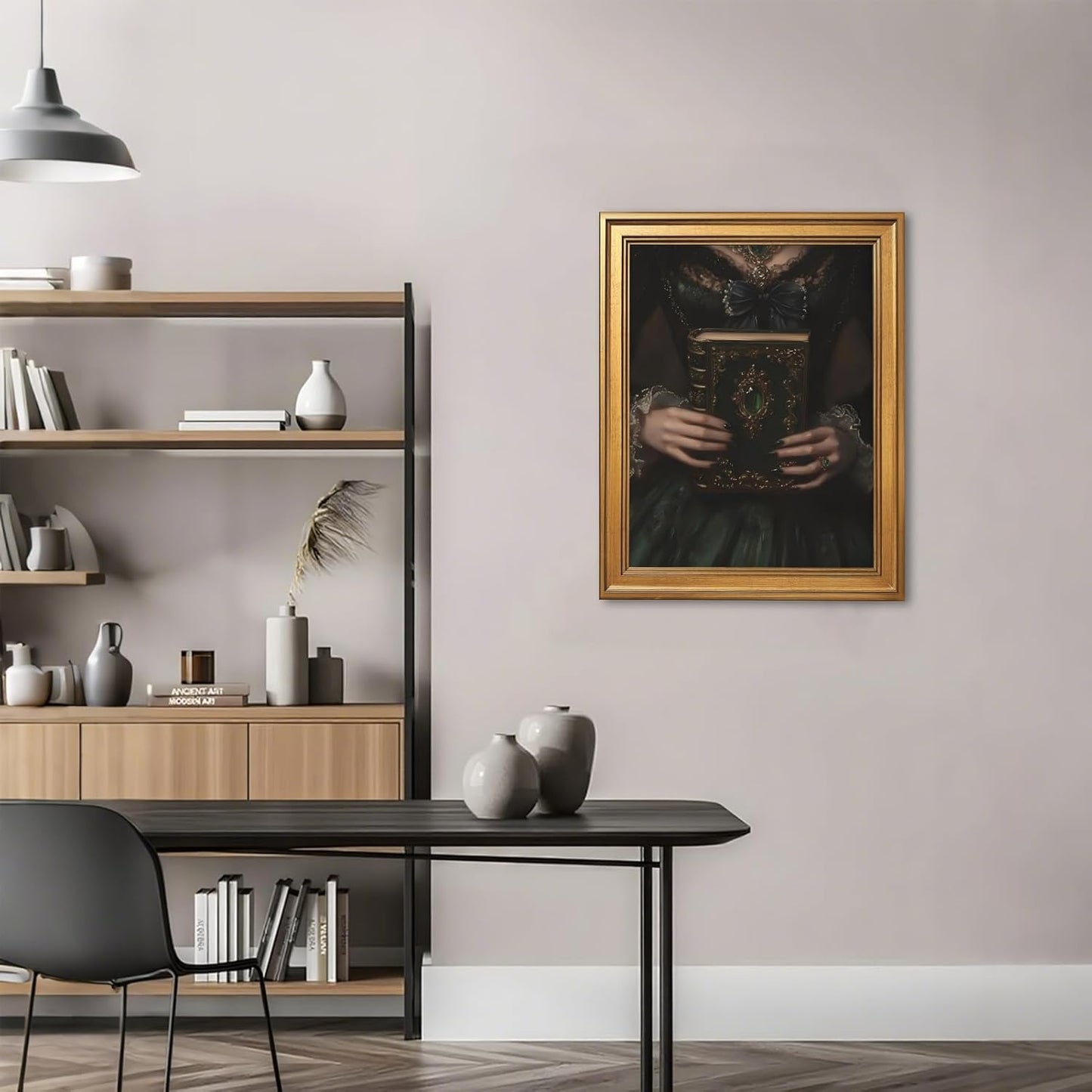 LEKDRA Large Framed Wall Art Vintage Gothic Witchy Poster Canvas Print Dark Academic Victorian Aesthetic Painting Emerald Green Bookish Coquette Pictures Wall Decor for Bedroom 24x36inch Golden Frame