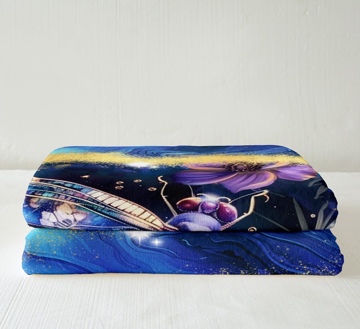 Blue Marble Bed Blanket Dragonfly Floral Throw Blanket Lightweight Soft Cozy Luxury Marble Abstract Fleece Blanket Ink Flannel Blanket for Sofa Bedroom Office Travel All Season(Twin 60"x80")