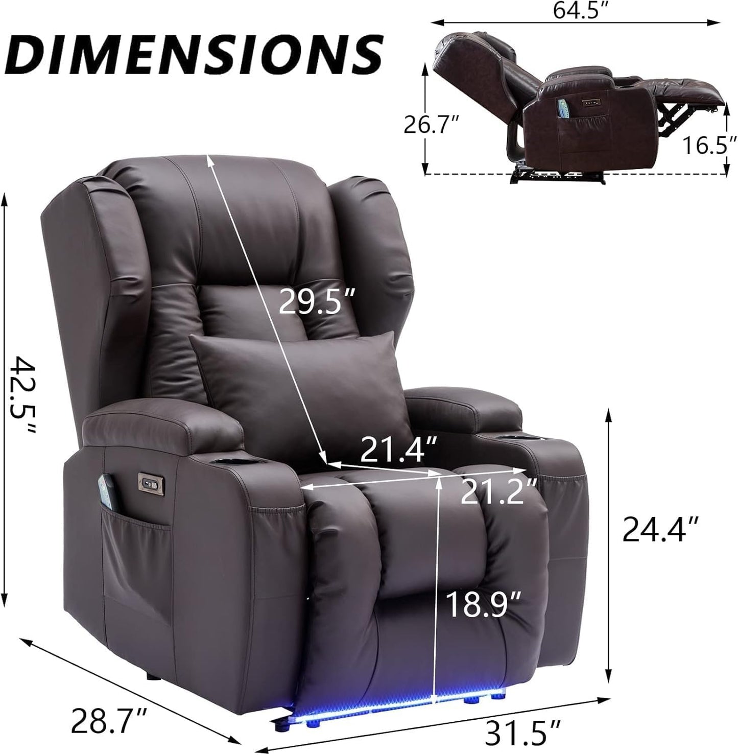 Power Lift Recliner Chair for Elderly, Electric Recliner Sofa with Heat and Massage, PU Leather Power Recliner Chair with USB Port, Cup Holders, Adjustable Reclining Chair