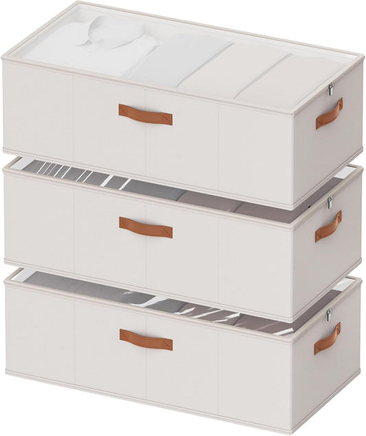 10inch 3 Pack Under Bed Storage Containers, 10 Inch Tall Underbed Clothes Storage Organizer Bin with Clear Window，Foldable Box Basket for Clothes, Closet, Bed Sheets and Blankets White
