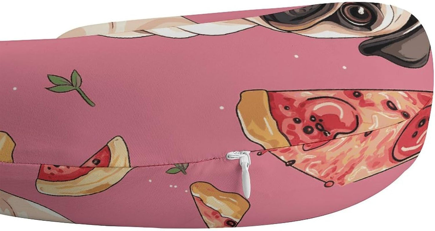 Pug Pizza Pink Neck Pillow Memory Foam U Shaped Pillows Portable Pillows for Shoulder Travel Head Support Pillow with Concealed Zipper for Airplane Car Home Office