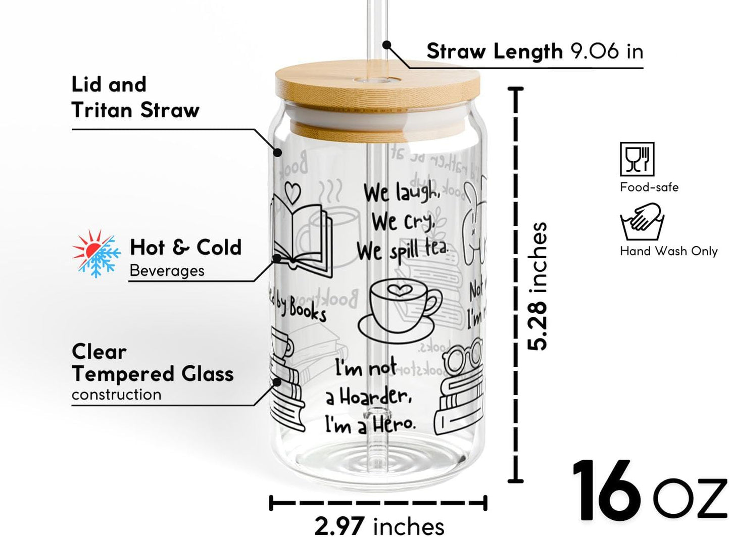Book Lover Sipper Glass 16oz - Booktrovert - Gift for Book Lovers Women Fiction Romance Readers Custom Name