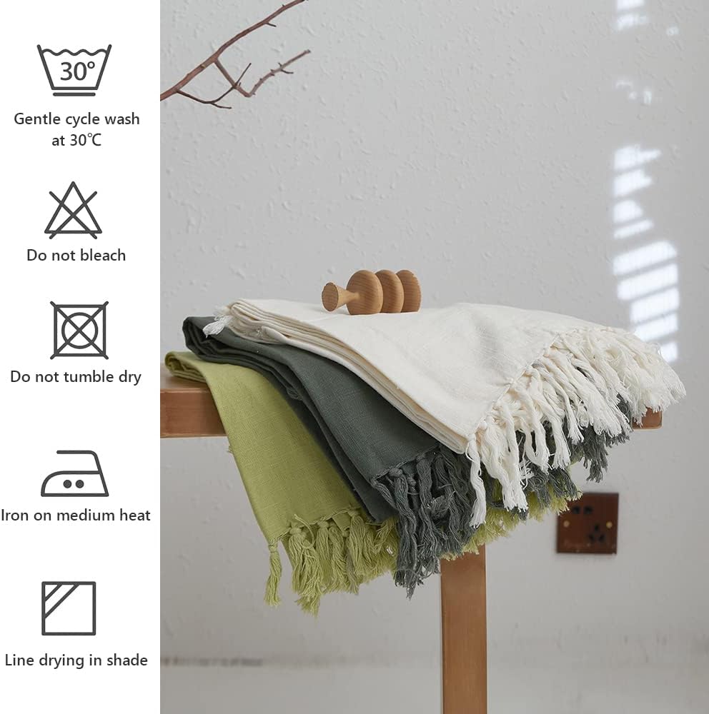 Simple&Opulence Boho Fringed Linen Throw Blanket for Bed, Couch, 50”x70” Pre-Washed Vintage Decorative Woven Blanket with Tassels, Breathable Durable Cozy Farmhouse for All Seasons (Ivory)