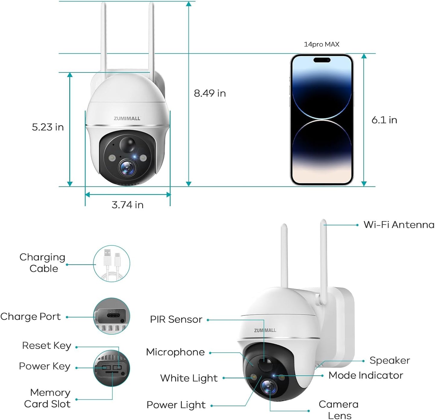 ZUMIMALL 2K Security Cameras Wireless Outdoor, Battery Powered Cameras for Home Security with 360° View, Color Night Vision, 2-Way Talk, AI Motion Alert, Siren, CloudEdge App Supported