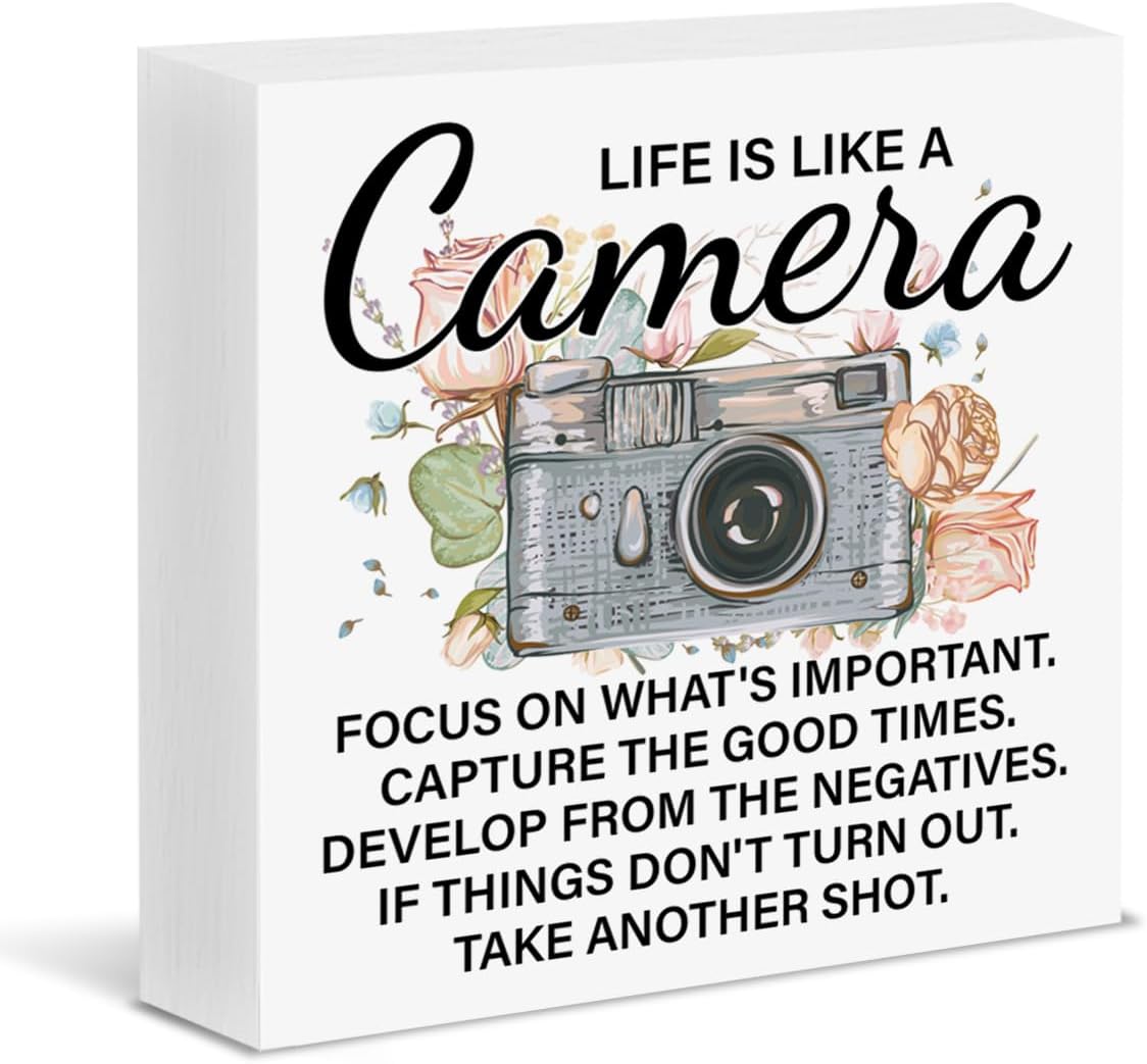 Photographer Gifts for Women, Motivational Photography Gifts for Photographers, Life Is Like a Camera Wood Block Sign Home Office Desk Shelf Decor