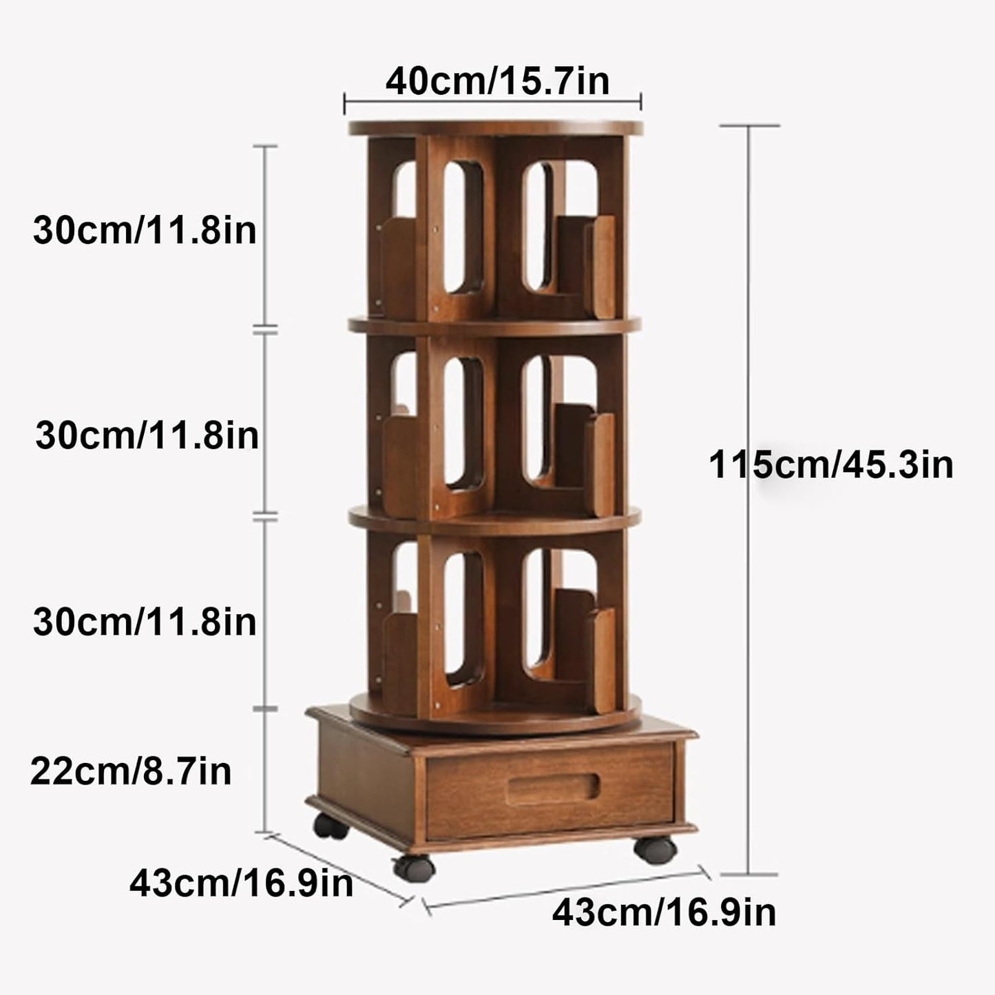 4/5/6 Rotating Bookshelf with Wheels 360 Degree Home Bookcase Living Room Full Solid Wood Floor Movable wall Shelf Suitable for Home Office Study(4th Floor)