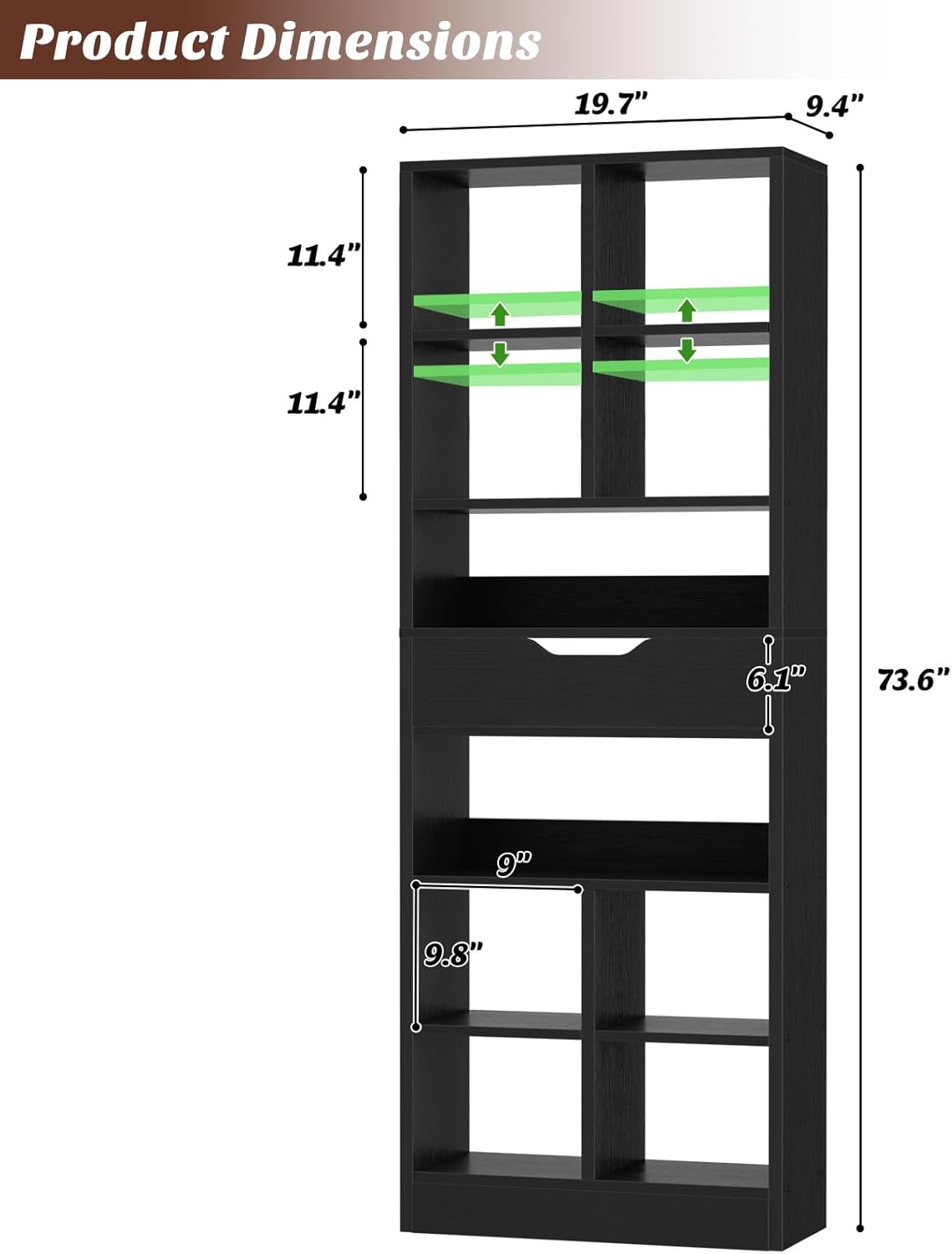 Armocity 8-Tier Tall Bookshelf with Drawer, 73.6" Narrow Freestanding Bookcase, Space-Saving Wood Display Shelves Storage for Living Room, Home Office Bedroom, Black