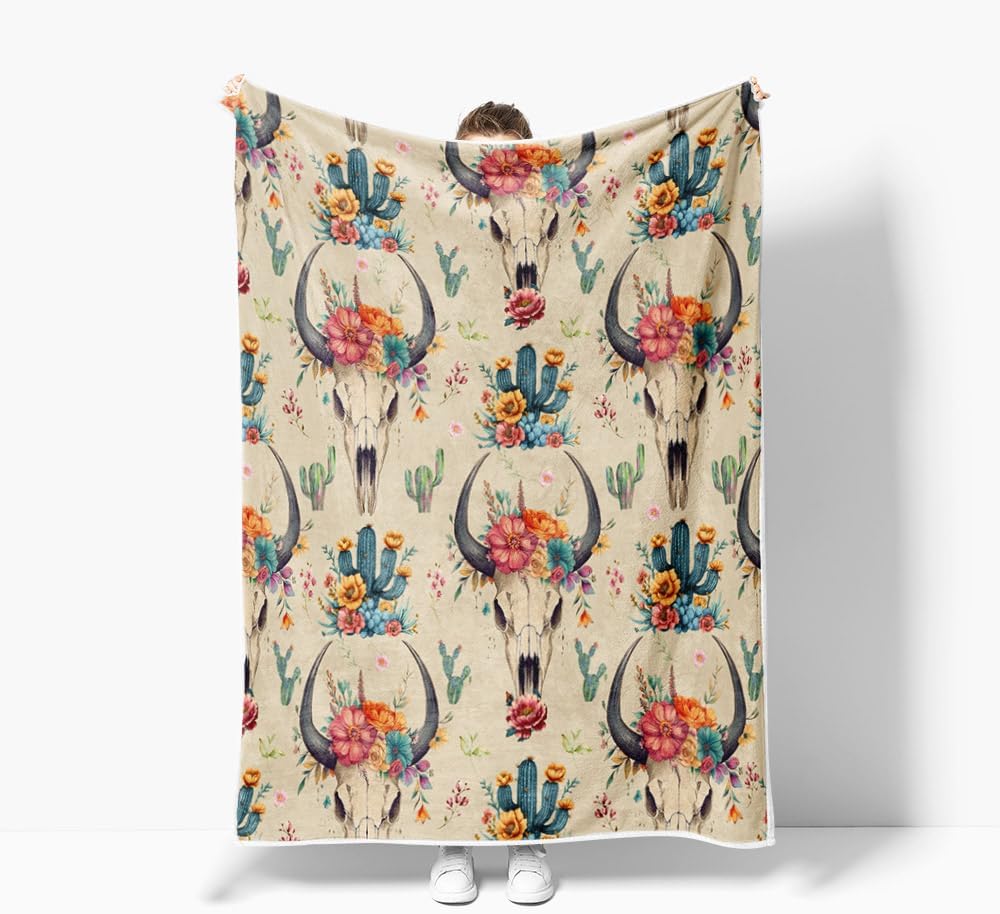 NYMB Western Boho Throw Blanket, Bohemian Cowboy Southwestern Bull Skull Warm and Cozy Fleece Throw Blanket for Bed, Couch, Native Aztec Cactus Farmhouse American West Travel Camping Blanket, 50X60in