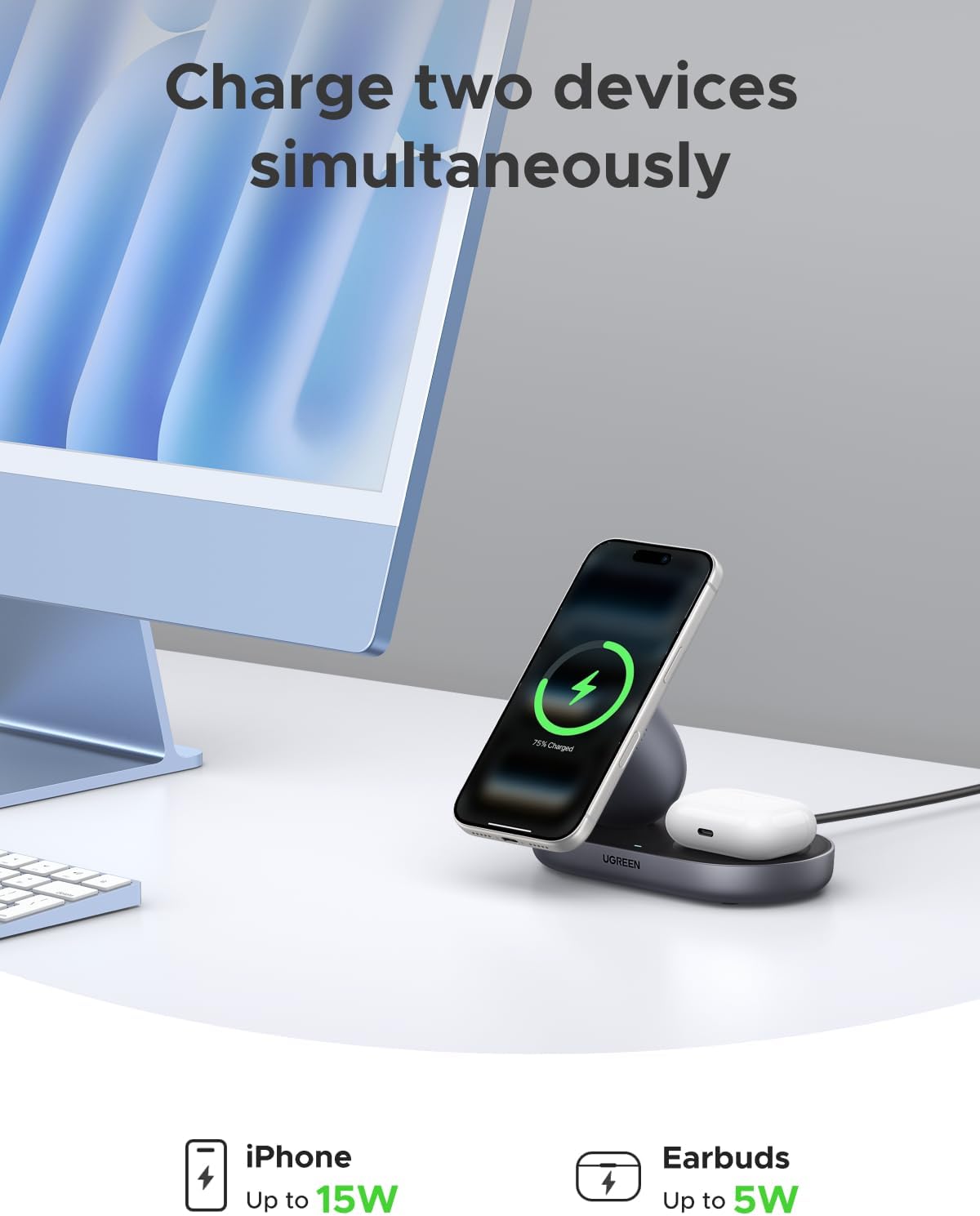 UGREEN Qi2 15W Wireless Charger 2-in-1, MagSafe Compatible Fast Charging Stand for iPhone 17 16 15 14 13 12 Series and AirPods, Fixed Viewing Angle, Compact Desktop Charging Station