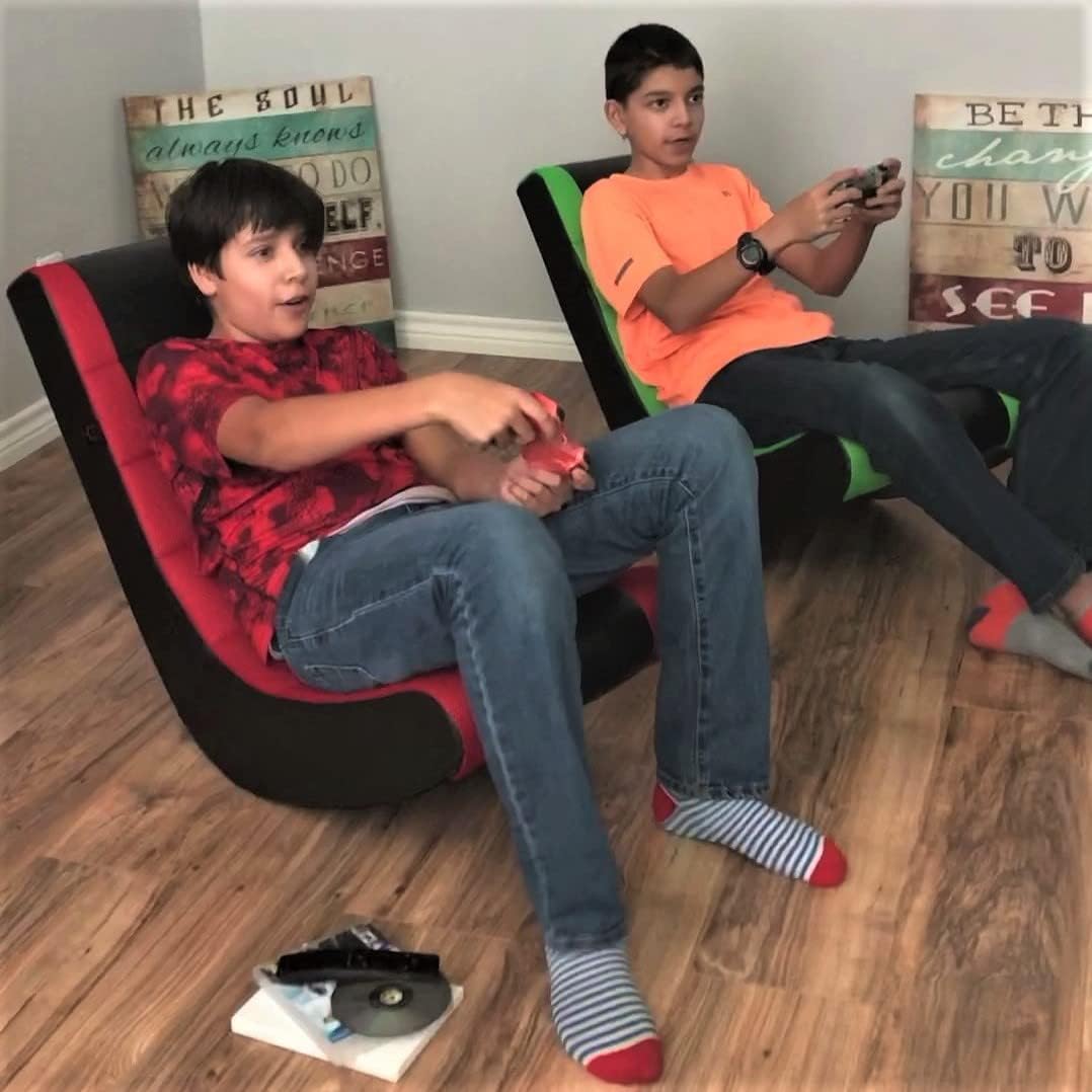 The Crew Furniture Classic Video Rocker Gaming Chair, for Kids and Teens, PU Faux Leather & Polyester Mesh, Black/Black