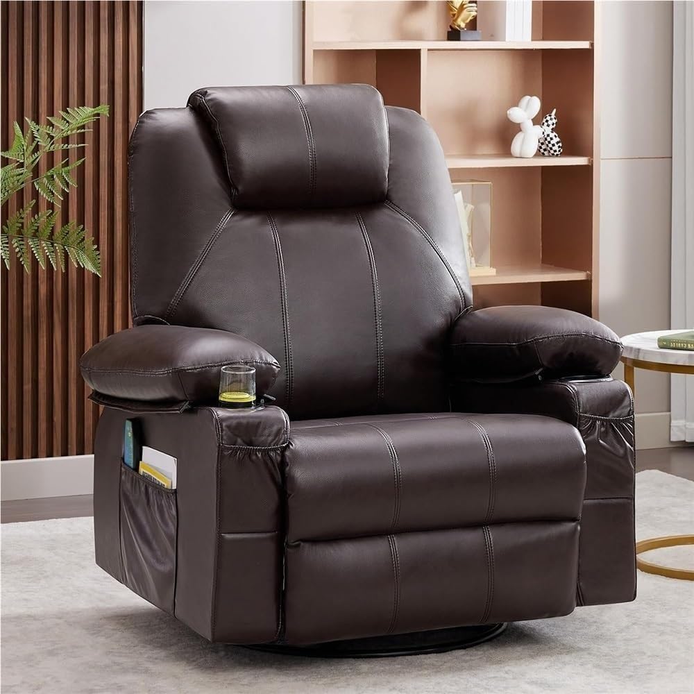 Electric Massage Recliner Chair for Seniors with Heat, Swivel Rocker Lounge Sofa, Ergonomic Comfortable Living Room Reclining Chair with Side Storage Pockets Brown