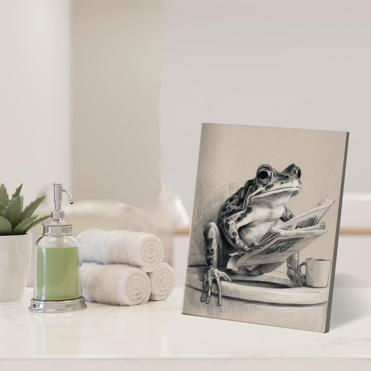 Funny Retro Frog Bathroom Wall Art Frog Reading Newspaper on Toilet Canvas Print Poster Funny Animal Bathroom Wall Decor 8x10 Inch Framed