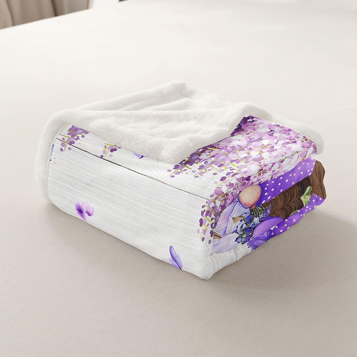 Manfei Cute Gnomes Throw Blanket Purple Vine Flower Butterfly Blanket for Couch Sofa, Lavender Bouquet Bed Blanket for Kids Boys Girls, Soft and Breathable Fleece Blanket(50 x 60 Inches)