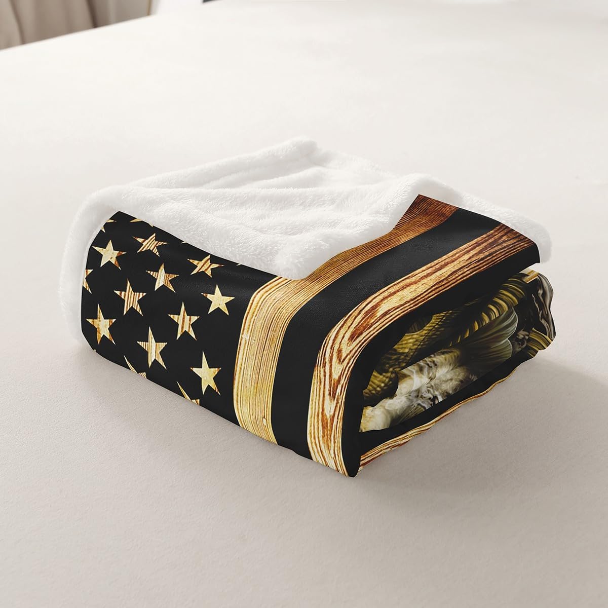 Vintage American Flag Throw Blanket,Men 3D Bass Fish Blankets,Fishing Hunting Fleece Blanket for Kids Boys Adult Room Decor,Rustic Style Black Brown Wooden Stripes Sherpa Blanket,40"×50"